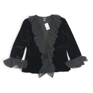 Xscape by Joanna Chen NWT Velvet Cardigan Womens L Black Chiffon Ruffle Evening